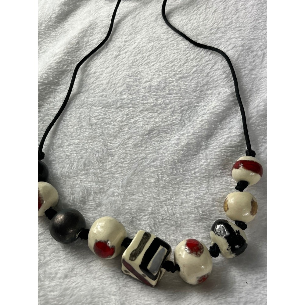 Artisan Statement Beaded Necklace Black White Red Adjustable Cord Chunky Boho